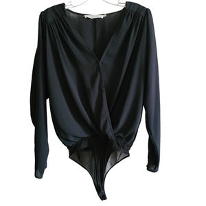 ASTR The Label Long Sleeve Drape Front Wrap Black Chiffon Bodysuit Women's Small